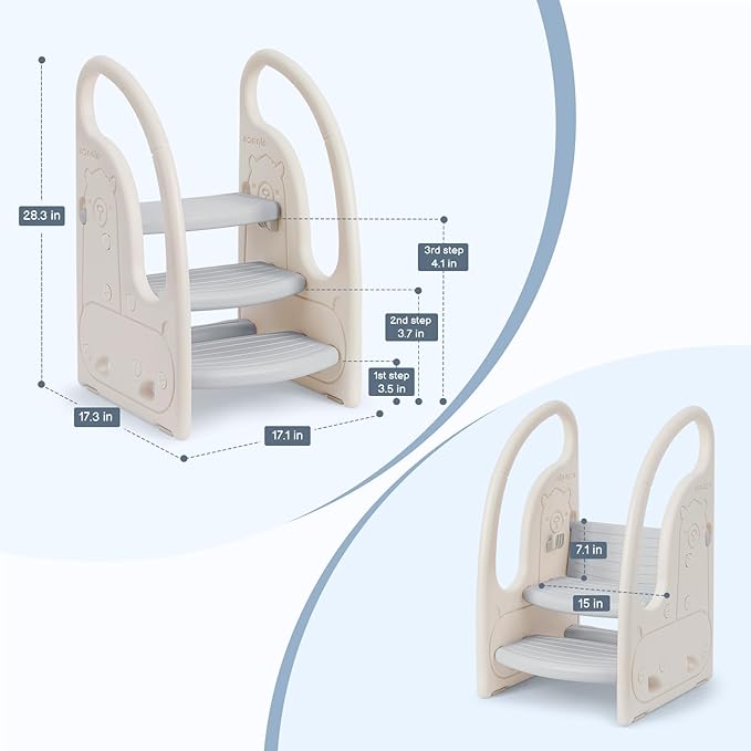 Toddler 3 Step Stool Onasti Kids Standing Tower for Toddlers Plastic Learning Helper Stool for Kitchen Counter Bathroom Sink Toilet Potty Training with Handles and Non-Slip Pads-Grey White