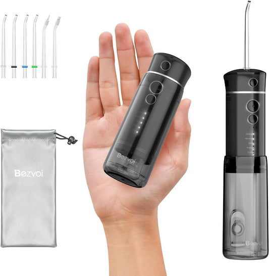 Water Flosser Mini Cordless Portable: 5 Modes Water Dental Floss with Telescopic Water Tank, 6 Tips, IPX7 Waterproof Oral Irrigator for Teeth Cleaning Gums,Orthodontic,Braces Dental Care (Black)