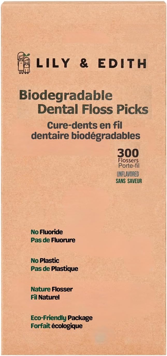 LILY & EDITH Plant Based Dental Floss Picks Adults and Kids 300 Counts, Fluoride-Free, Plant Based Straw Wheat, Earth Friend, Zero Waste Package, Shred Resistant (Unflavored)