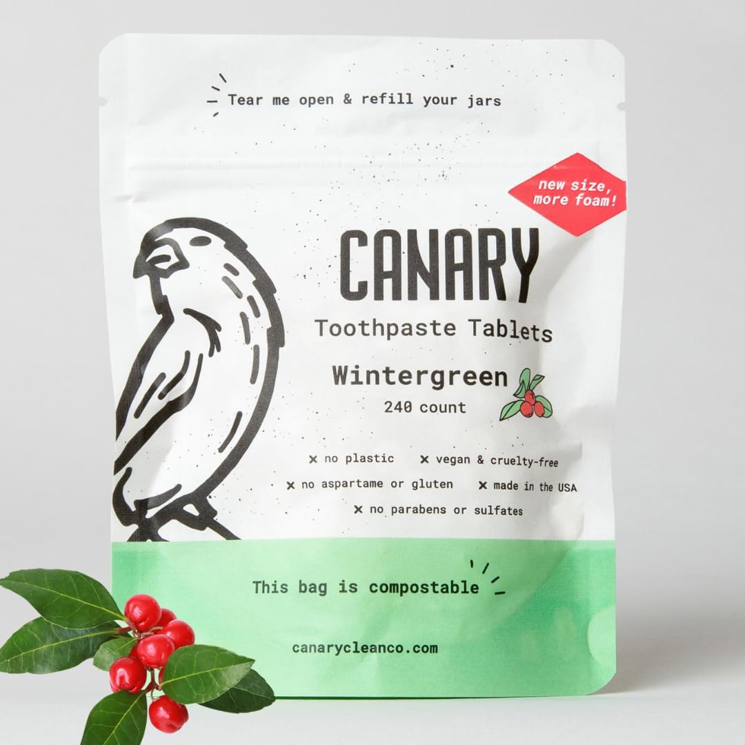 Canary Nano Hydroxyapatite Toothpaste Tablets Wintergreen - Remineralizing, Fluoride Free, All Natural Tabs with Xylitol - Great for Travel, Plastic Free - 240 Count