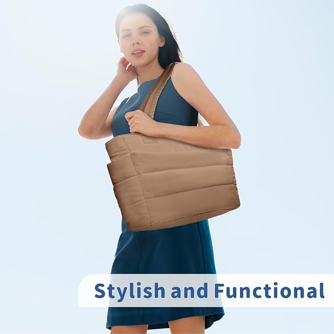 TOPDesign Puffer Tote Bag for Women, Lightweight Puffy Handbag with Compartments, Quilted Shoulder Bag for Work, Travel, Gym