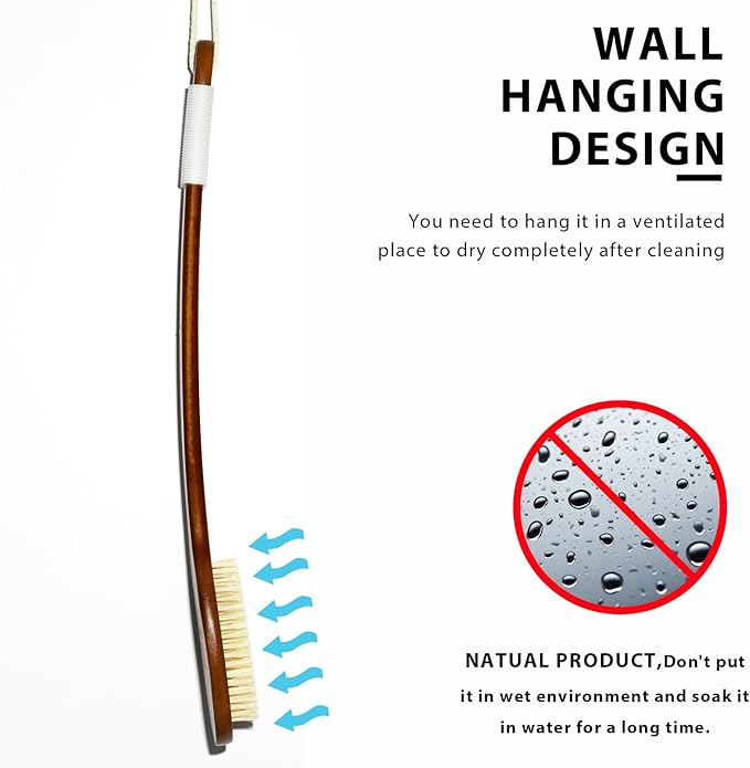 ICANdOIT-17.71Inch Natural Boar Bristles Anti-Slip Long Handle Bath Brush,Bent Handle Shower Scrubber for Exfoliating,Shower Back Brush,Exfoliation Set with Pumice Stone (1 Pack)