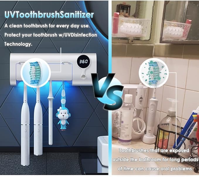 MIMORE Toothbrush Holder, 4 Toothbrush Slots & Timer Function, Cordless Wall Mounted Toothbrush Holders for Bathrooms