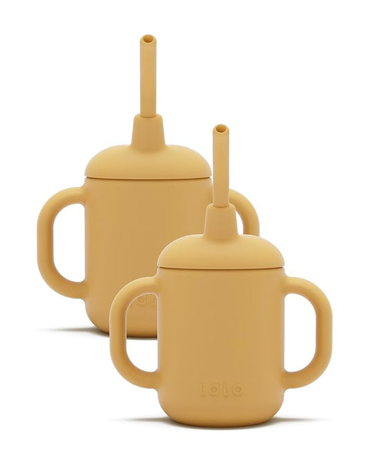 Lalo Little Cup 2-Pack, Non-Toxic Silicone Straw Cup with Handles - Baby and Toddler Sippy Cup - Mini Cup and Straw Training System, 4oz, Honey