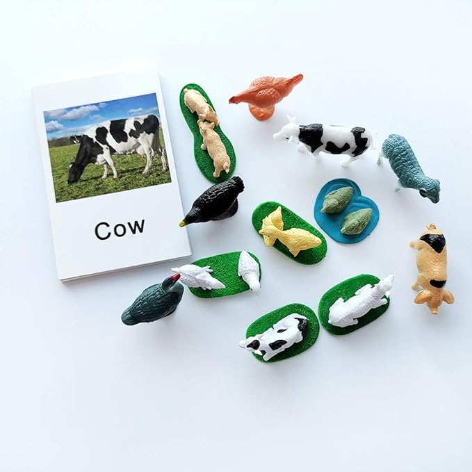 MEROCO Montessori Animal Match - Miniature Farm Animal Toy Figurines with Matching Cards Montessori Language Materials Preschool Learning Toy NEWT033