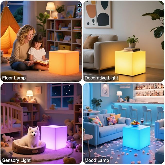 16'' Cordless LED Cube Chair Light, LED Cube Seat for Adult Kid, RGB Color Changing Waterproof Glowing Chair w/Remote, Rechargeable Night Light Mood Lamp Decorative Lights for Home Patio Garden Party