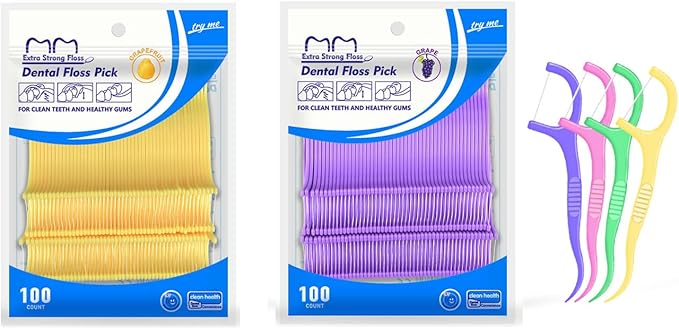Fruit Flavored Floss，toothpicks，Cleaning Teeth，Ultra-fine Dental Floss Stick, Fight Tooth Decay and Keep Your Teeth Clean，Teeth Cleaning Tool (200 Pieces (Bagged/Single line), Grape+Orange Flavor)
