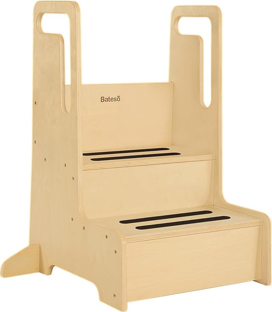 Step Stool for Kids, Large Wooden Kid Step Stool with Handles & Non-Slip Mats for Bathroom Sink and Kitchen, Potty Training Stool for Toilet