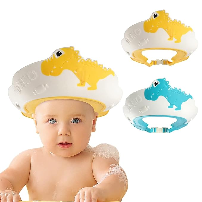 FUNUPUP 2 Pack Adjustable Toddler Hair Washing Bathing Cap Shield Baby Shower Visor Shampoo Cap Protect Baby Eyes (Dinosaur)