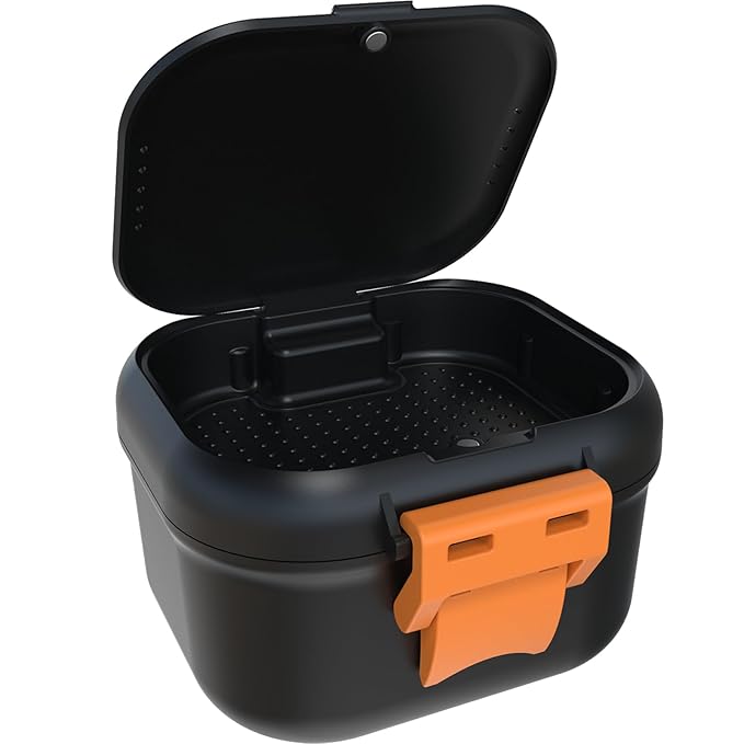 ARGOMAX Leak Proof Denture Bath Cup, Portable Soaking Denture Box, Denture Bath Case with Strainer, for Dentures and Braces, Upgraded Version with Storage Compartment (Black + Orange).