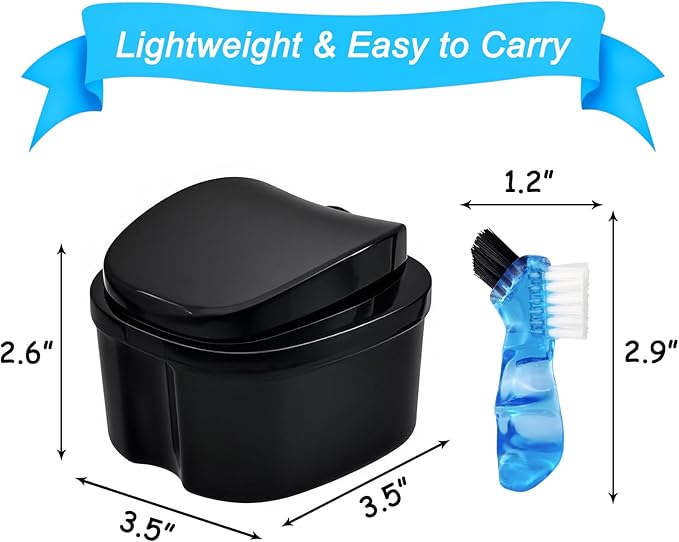 2 Pack Travel Denture Bath Case Set Orthodontic Dental Box Case with Brush, Denture Soaking Cup False Teeth Retainer Container for Clear Braces, Mouth Guard, Night Guard