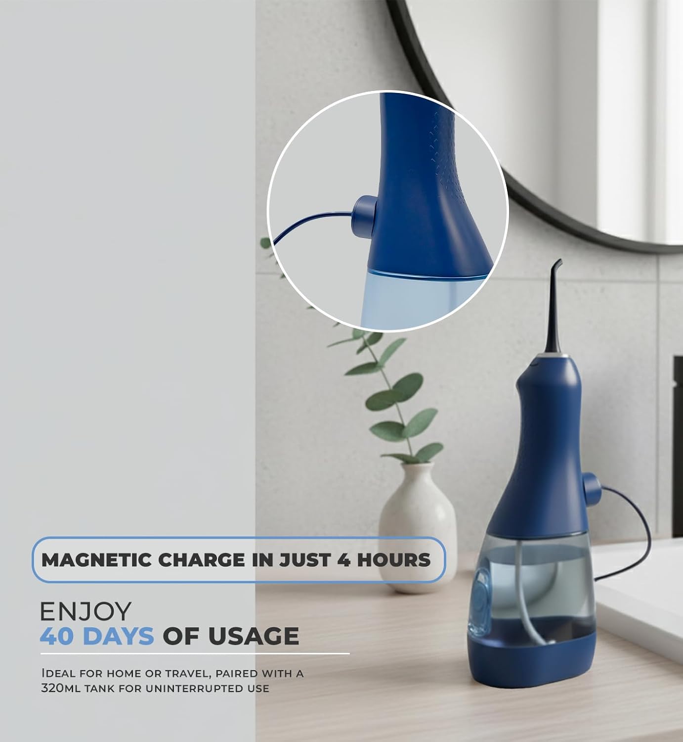 Dr. Aid Dental Water Flosser – Portable Oral Irrigator – 11Oz Tank, Water Filter, 5 Tips, Magnetic Charger – IPX8 Waterproof Cordless Water Flosser, Ideal Water Flossers for Teeth, Gums (Dark Blue)