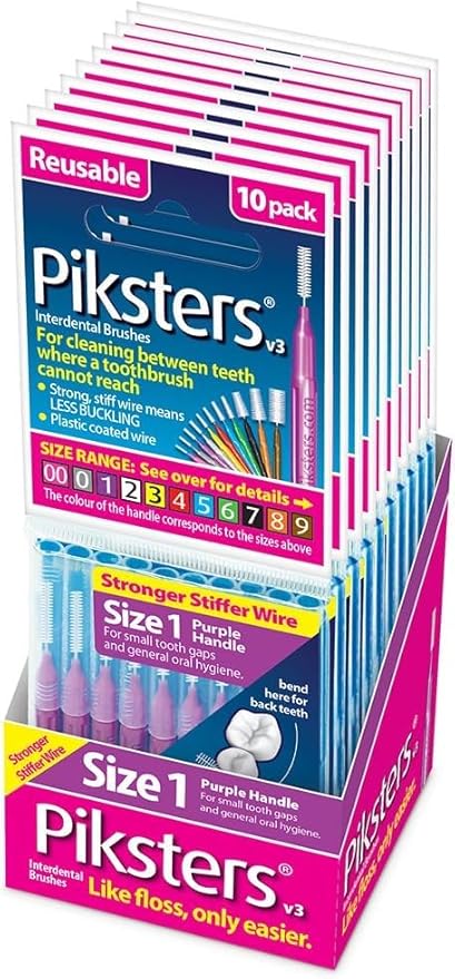 Piksters Interdental Brushes, Size 1,100 Count (10 x 10 Packs), Interdental Tooth Brush for Tight Gaps, Gum Soft Bristles for Plaque Removal, Safe for Braces (100 pk)