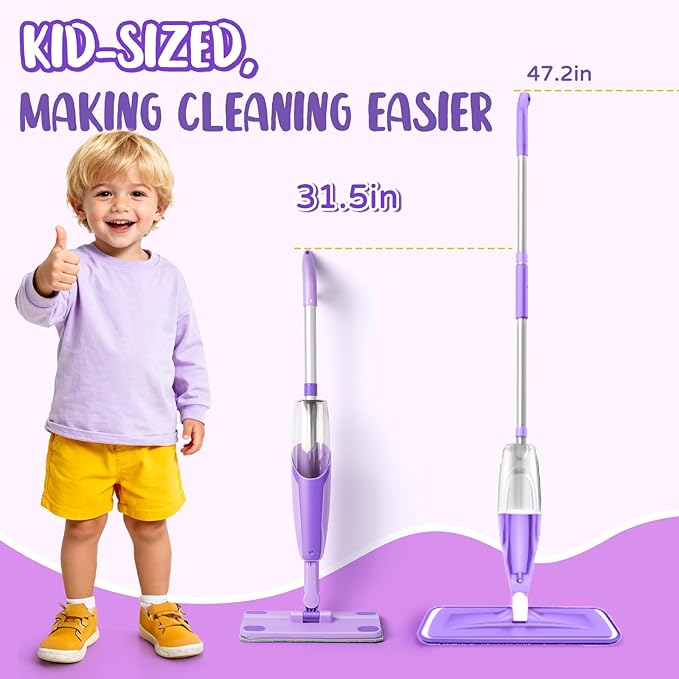 Purple Mini Spray Mop for Toddler-Montessori Cleaning Toy That Real Spray Water,Pretend Playhouse Essentials for Girls Ages 3-8,Toddler Educational Housekeeping Set