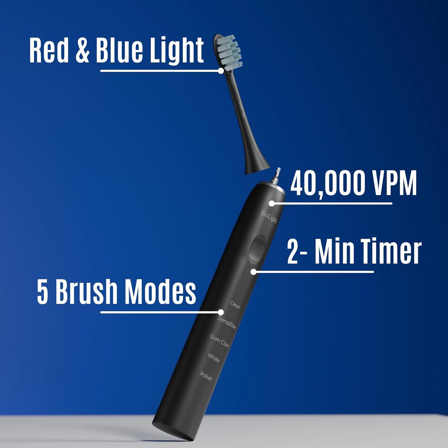 BIOLIGHT Illume Sonic Electric Toothbrush with Red & Blue Light Therapy – Professional Whitening, Gum Care & Advanced Oral Hygiene - Black