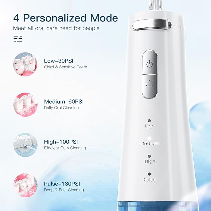 Travel-Ready 300ML Cordless Water Flosser for Teeth – IPX7 Waterproof, 4 Pressure Modes & 2000mAh Battery for Deep Cleaning at Home or On-The-Go (Blue & White)