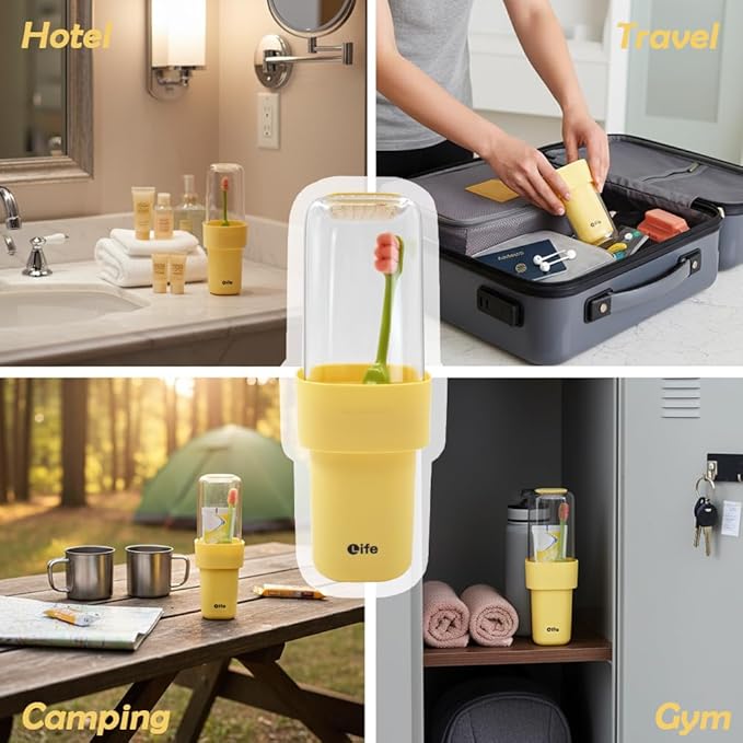 Travel Toothbrush Holder, Covered Toothbrush Cup Holders, Toothbrush and Toothpaste Travel Case, Toothbrush Storage Organizer Container for Traveling Bathroom (Yellow)