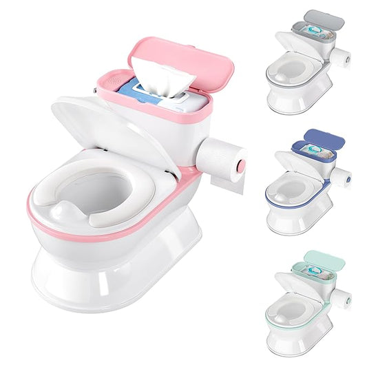 2-in-1 Toddler Potty Training Toilet - Larger Potty Chair & Detachable Training Seat for Boys & Girls Ages 1-3 with Flushing Sound, Wipes Storage, Toilet Paper Holder - Pink