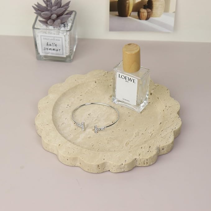 Round Marble Decorative Tray with Scalloped Edge, Luxury Natural Stone Bathroom Vanity Tray, Dresser Top Perfume Coffee Home Kitchen Sink Tray, Key Trinket Ring
