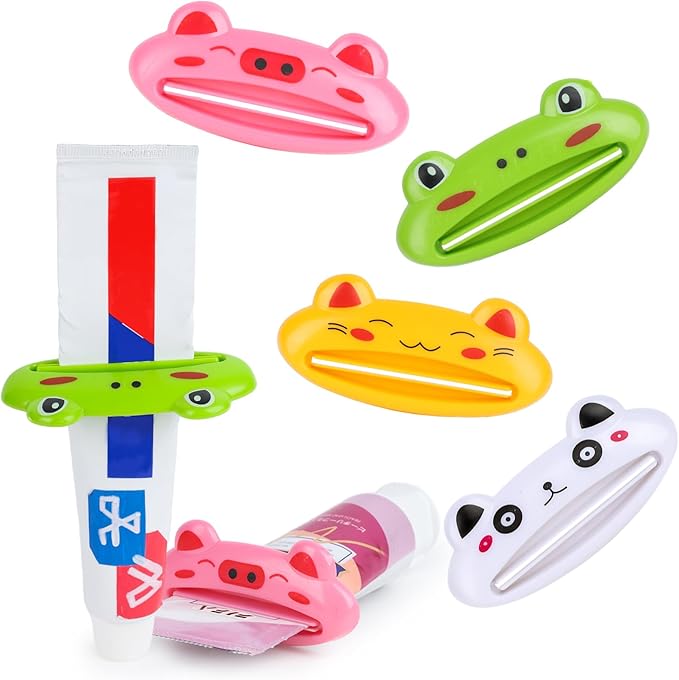LOVEINUSA Cute Toothpaste Dispenser for Kids, 4PCS Cartoon Animal Tooth Paste Tube Squeezer Roller for Kid Toothpaste Facial Cleanser Creams