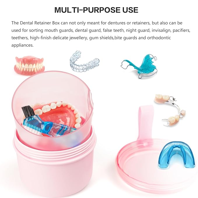 Leak Proof Travel Denture Bath Case for Full Dentures, Denture Cups for Soaking Dentures, Denture Container Cups with Brush for Dentures, Aligner, Retainers, Mouth Guard (Pink)