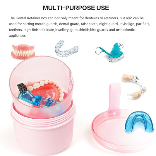Leak Proof Travel Denture Bath Case for Full Dentures, Denture Cups for Soaking Dentures, Denture Container Cups with Brush for Dentures, Aligner, Retainers, Mouth Guard (Pink)