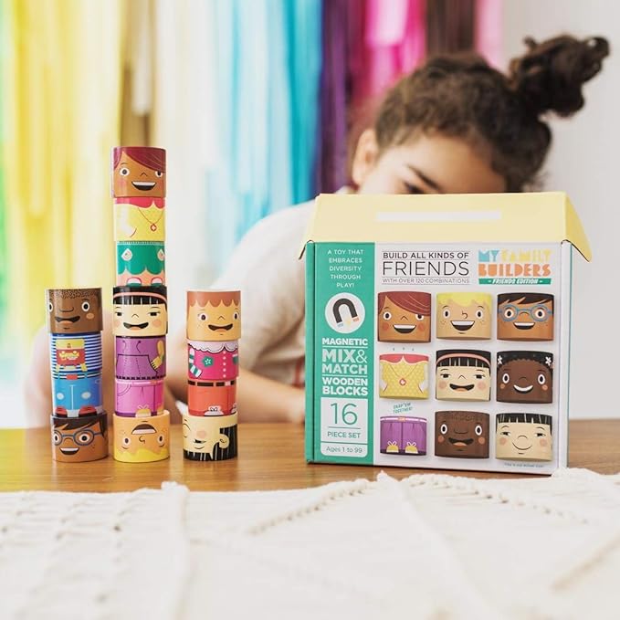 16-Piece Multiracial Magnetic Friends Play Set – Wooden Diversity Building Blocks for Kids – Multi Cultural Dolls for Creative Play & SEL Development – Ages 1+