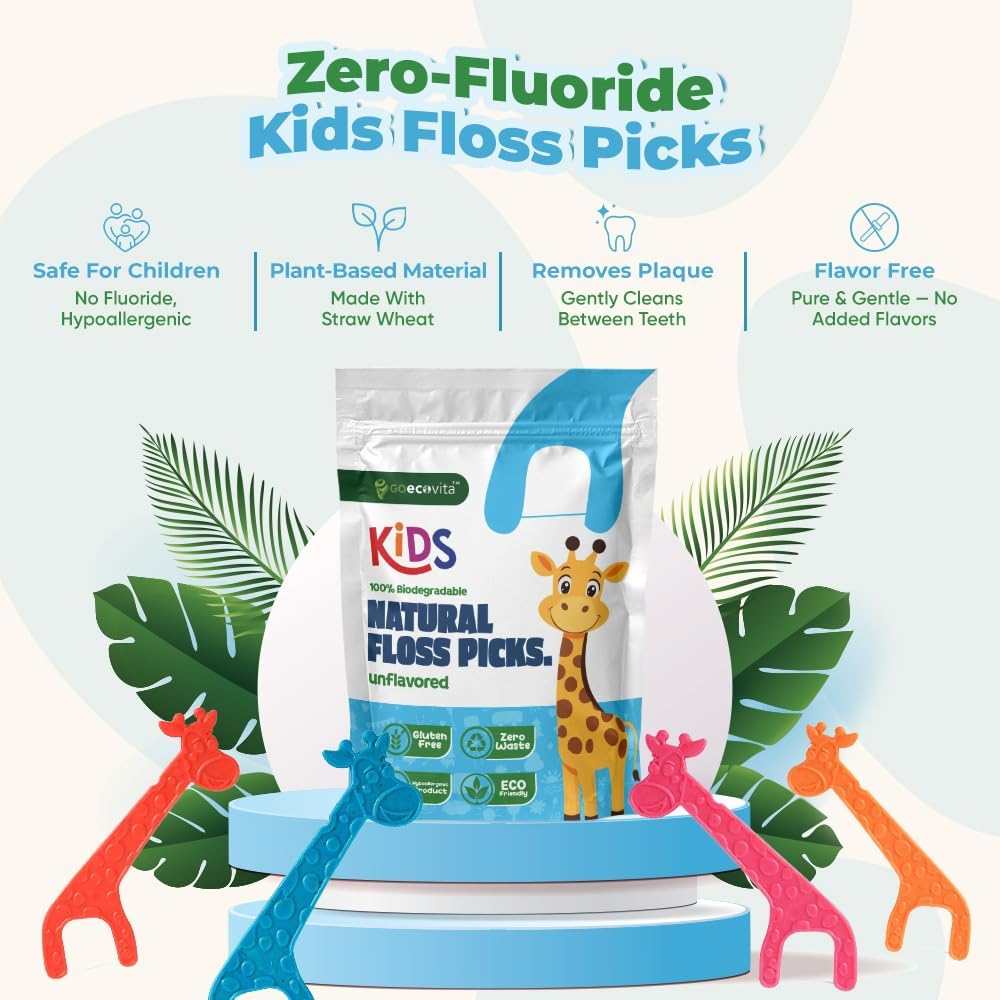Unflavored Biodegradable Kids Flossers - Dental Floss Picks for Children | Fluoride & Plastic-Free | Colorful & Fun Animal Floss Sticks | Eco Friendly, Vegan, Natural (200 Pack)