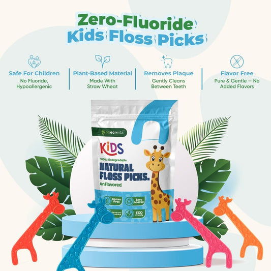 Unflavored Biodegradable Kids Flossers - Dental Floss Picks for Children | Fluoride & Plastic-Free | Colorful & Fun Animal Floss Sticks | Eco Friendly, Vegan, Natural (200 Pack)