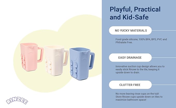 Baby Bath Cup with Suctions - BPA Free, 100% Food Grade Silicone Rinse Cup, Clutter-Free Tub Area, Kids Learning Tool, Sticks to Tiles, Drains Water Upside Down- patent pending