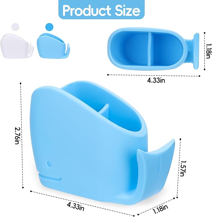2Pcs Cute Kids Whale Toothbrush Holder, Toddler Fun Ocean Animal Toothbrush Organizer, Blue and White, Silicone Whale Bathroom Decor
