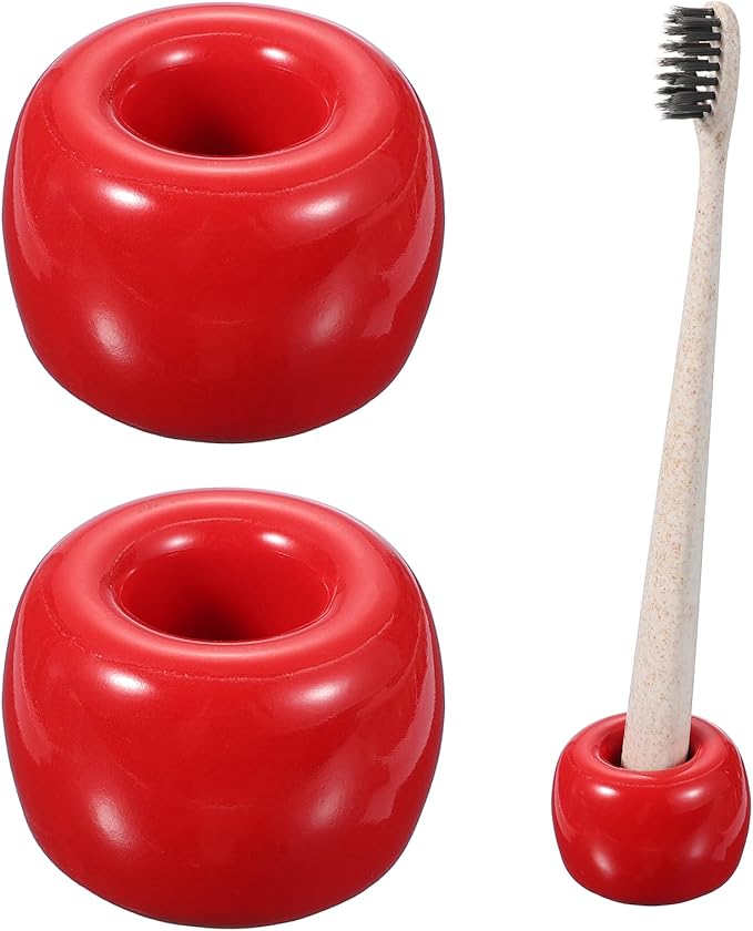 uxcell 2 Pcs Mini Ceramics Toothbrush Holder Stands, Sleek Mini Countertop Toothbrush Round Shape Ceramic Holder Stand for Bathroom Vanity Countertops, Red