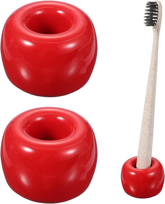 uxcell 2 Pcs Mini Ceramics Toothbrush Holder Stands, Sleek Mini Countertop Toothbrush Round Shape Ceramic Holder Stand for Bathroom Vanity Countertops, Red