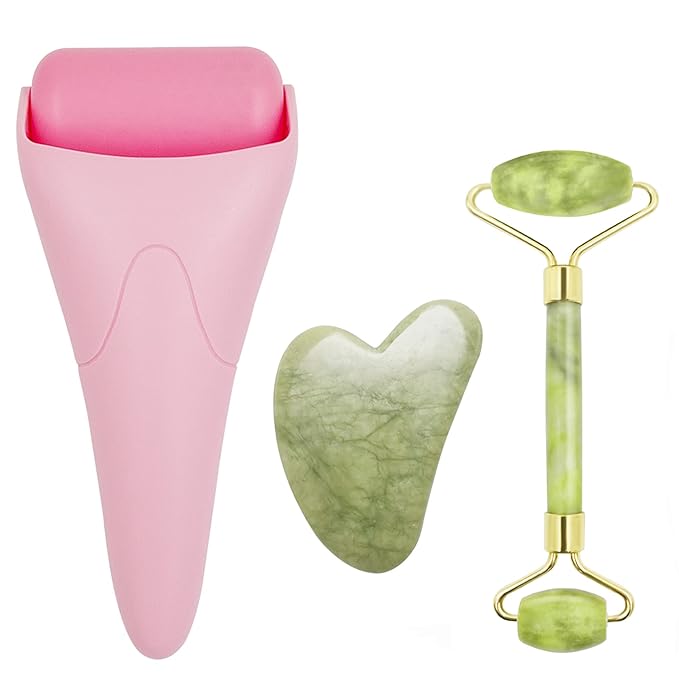 Chikoni 3 in 1 Ficial Face Ice Jade Roller and Gua Sha Tool, Natural Real Jade Anti-Wrinkle Face Eye Neck Massager Tool, Reduce Wrinkles, Puffiness, Migraine, Redness, Pain and Injury，Pink