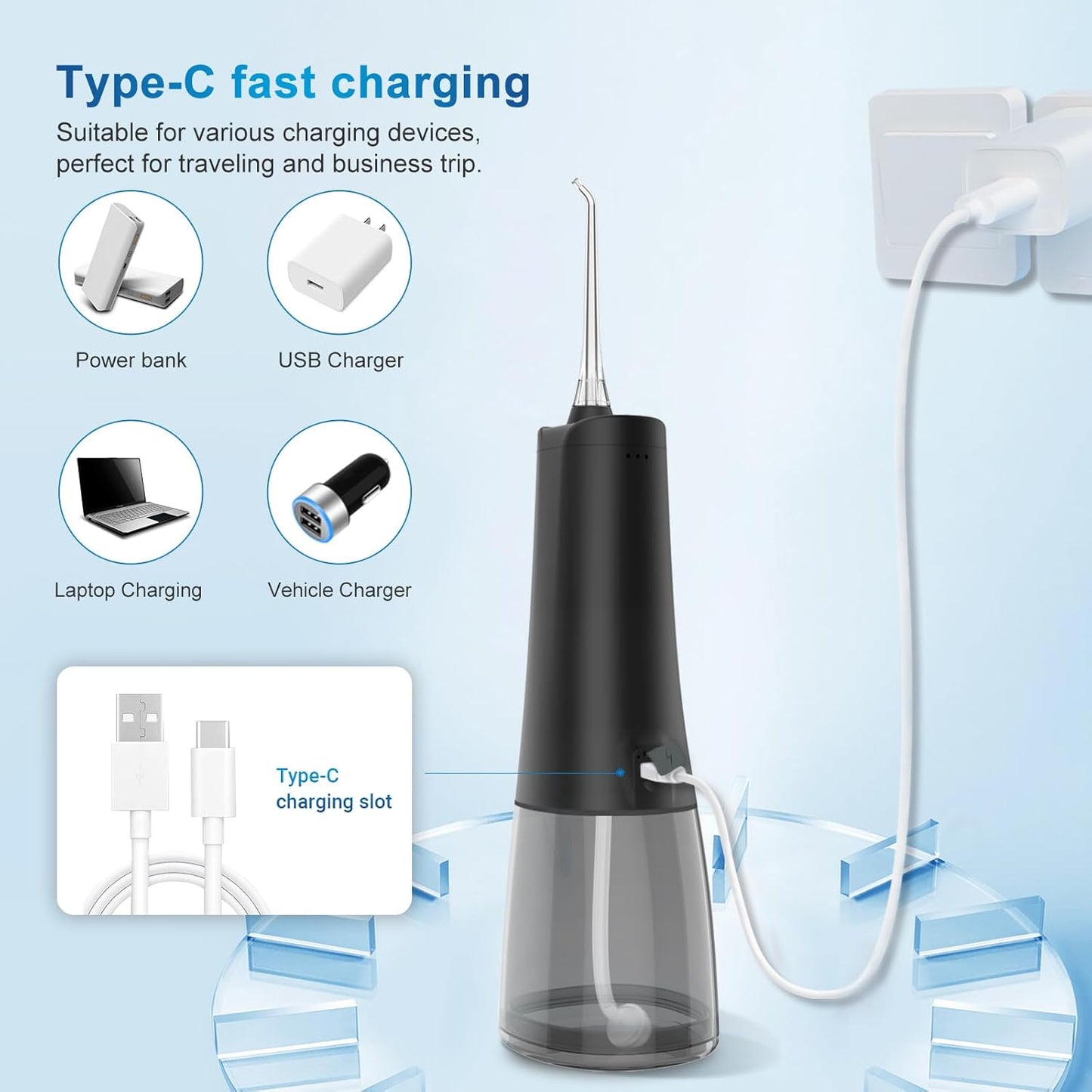 Cordless Water Dental Flosser Oral irrigator,JNGOODS 300ml Rechargeable Water flosser for Teeth IPX7 Waterproof 4 Modes Portable Oral Irrigator with 4 Jet Tips, Travel Home use (Black)