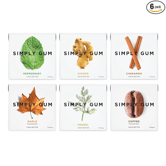 SIMPLY Gum Variety Pack (Assorted Flavors), Plastic-Free Natural Chewing Gum, 6 pack (90 pieces) | Vegan, Kosher, Non GMO, Aspartame Free and Sorbitol Free