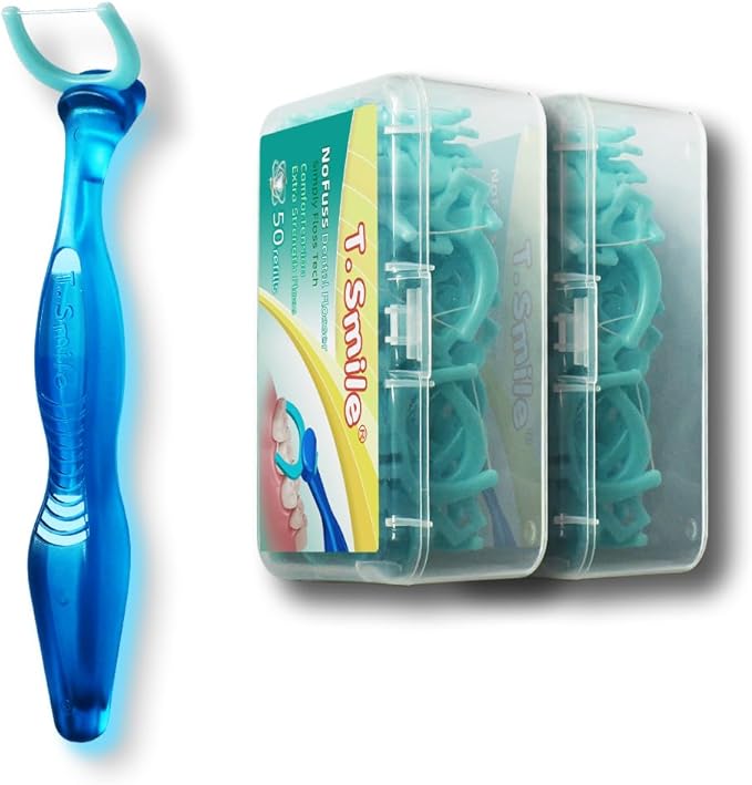 T.Smile NoFuss Dental Flosser Kit, 5-inch Long Handle & Refill Heads, Extra-Strength Floss for Comfortable Clean, Fluoride Free, (1 Blue Handle + 100 Extra-Strength Floss Refills)