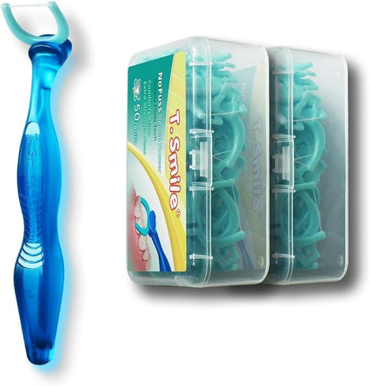T.Smile NoFuss Dental Flosser Kit, 5-inch Long Handle & Refill Heads, Extra-Strength Floss for Comfortable Clean, Fluoride Free, (1 Blue Handle + 100 Extra-Strength Floss Refills)