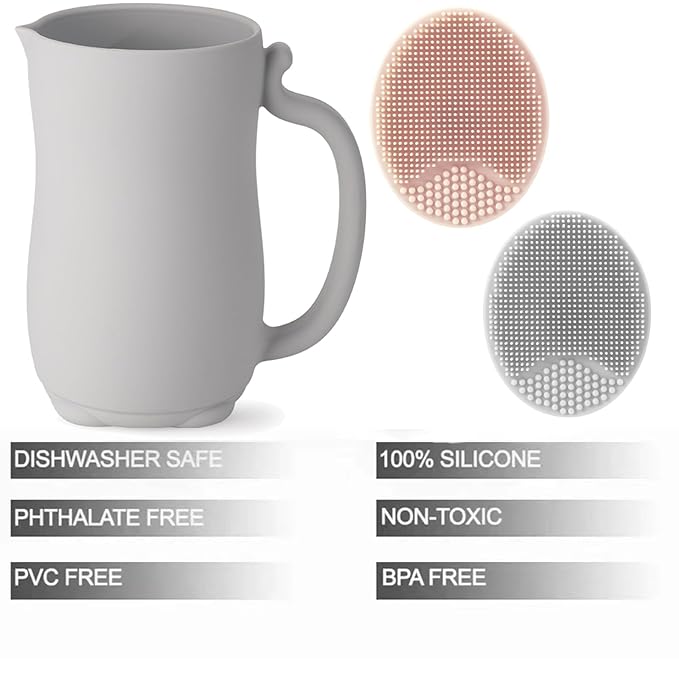 PandaEar Baby Bath Rinse Cup, Silicone Baby Shampoo Rinser with 2 Pack Cradle Cap Brush for Kids Toddler Body Washing (Grey)