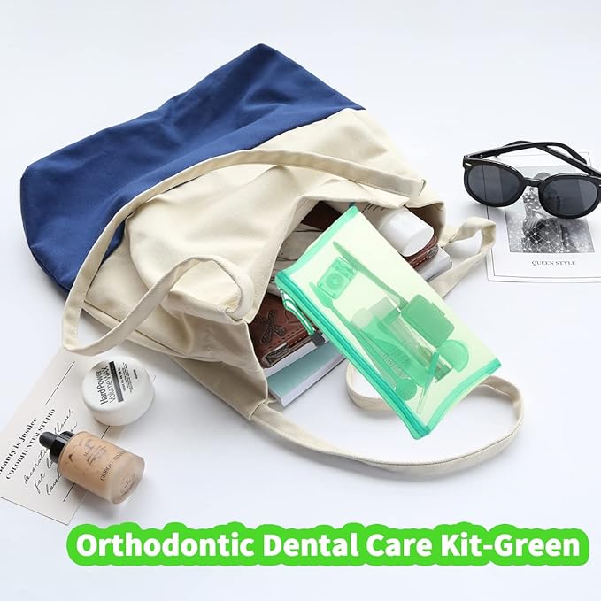 Braces Cleaning Kit for Teeth, Portable Orthodontic Toothbrush Kit Oral Care Dental Travel Kit - Interdental Brush Dental Wax Dental Floss Toothbrush Box (Green)