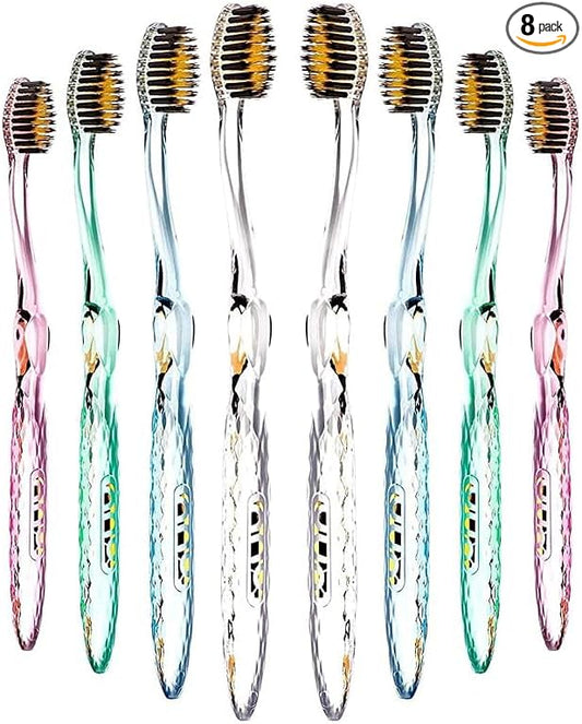 Nano-b Manual Toothbrush Set for Adults with Sensitive Gums, Gold & Charcoal Soft/Medium Bristles, Travel Cases, Blue, Pink, Green, Crystal, 8-Pack