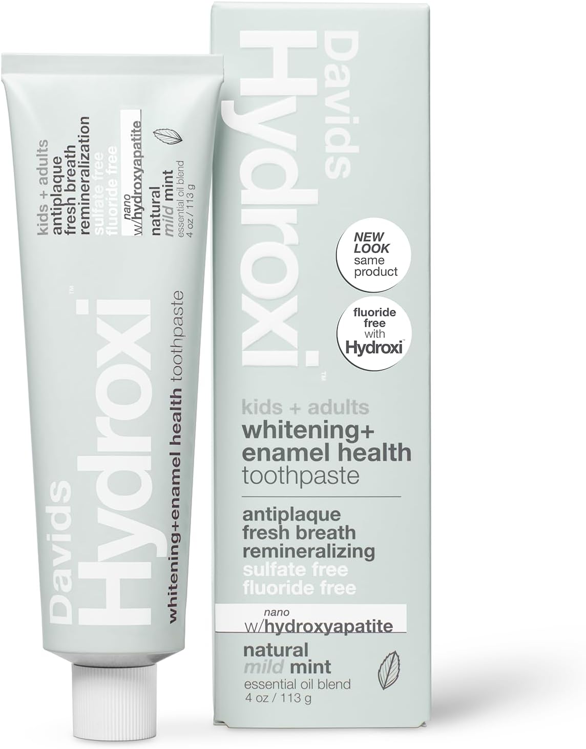 Davids Hydroxi Mild Mint Fluoride Free Nano Hydroxyapatite Toothpaste for Enamel Health & Whitening, Antiplaque, SLS Free, Kid Friendly Gentle Mint Flavor, 4 oz, Made in USA