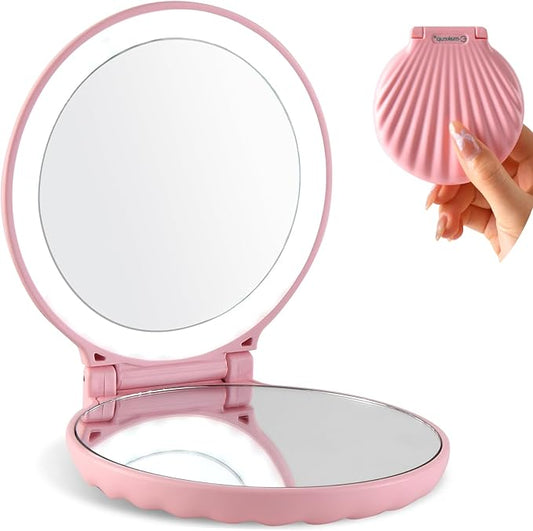 Compact Makeup Mirror with Lights - 3.5" Portable, 2-Sided, Lightweight & Shatterproof, Folding Magnifying Mirror 2X/10X, for Women