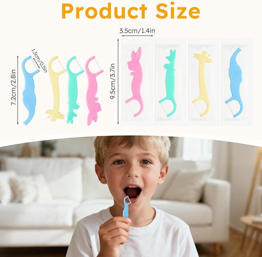 Kids Floss Individually Wrapped Kids Dental Floss Picks 4 Cute Animal Shapes Fun Flossers Helps Prevent Tooth Decay & Gum Diseas for Family, Travel, and picnics 4 Colors (500)