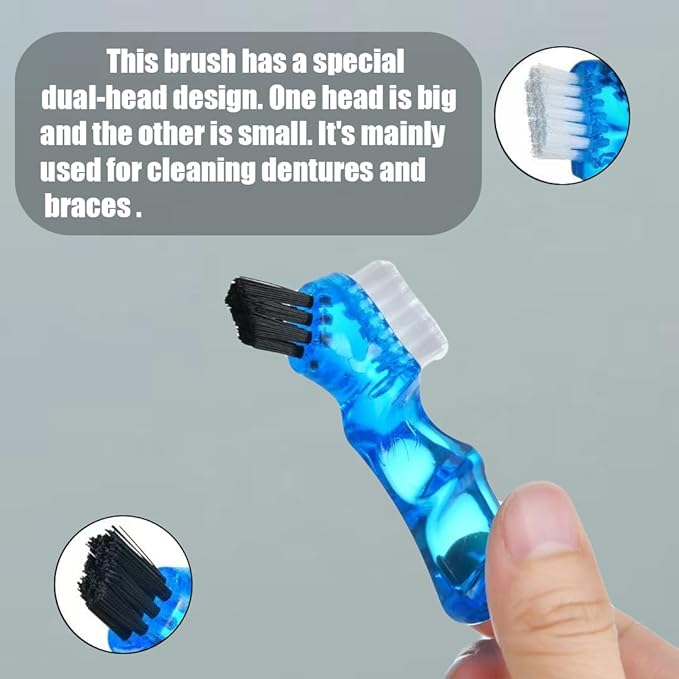 4 Pieces Mini Denture Cleaning Brush Set with Multi-Layered Bristles with Aligner Removal Tool Portable Denture Double Sided Brush for False Teeth Cleaning Easy to Carry 4 Color