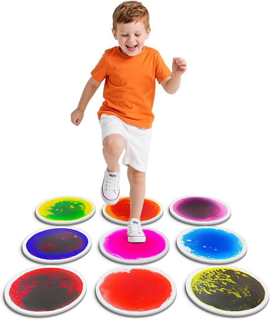 Sensory Circles Mats Liquid Tiles - Pack of 9 Round Sensory Floor Pads for Kids Autism Classroom