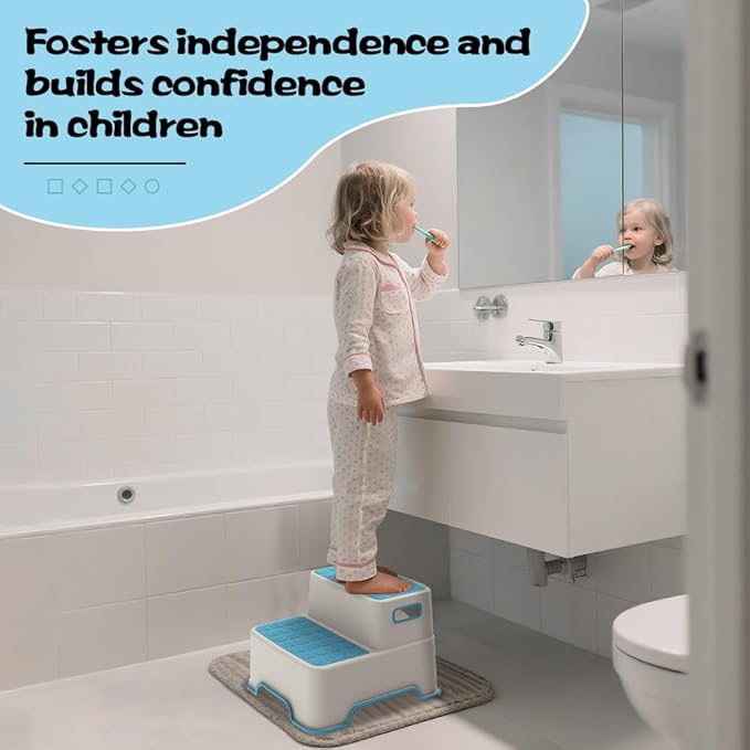 Toddler Step Stool for Bathroom Sink, 2 Pack Step Stool for Kids, Plastic Potty Training Toilet Stepping Stools, Child and Baby Lightweight&No-Slip Two Step Stools for Kitchen(Off-White/Blue)