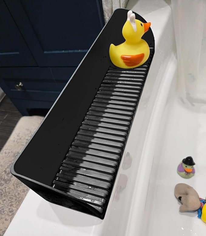Bathtub Splash Guard for Tub - Silicone Tub Water Splash Guard with 4 Suction Cups, Bath Toy Tray Holder, Tub Shelf for Kids, Bathroom Accessories for Children, Toddler & Baby Bath, 1Pack, Black