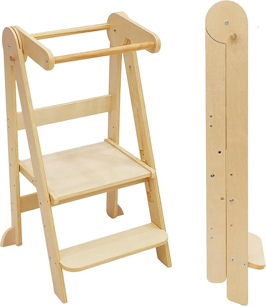 Foldable Toddler Tower 95% Preassembled Kitchen Stool Helper Folding Step Stool for Kids with 3 Adjustable Height Montessori Toddler Standing Tower for Kitchen Counter Sink Natural