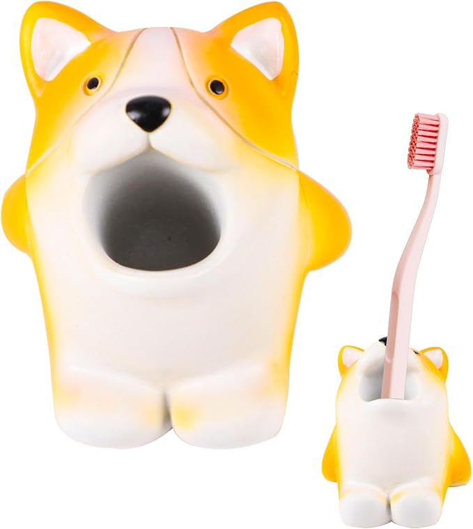 Cute Animal Toothbrush Holder - Corgi Pen Pencil Holder,Mini Resin Freestanding Storage Base for Box Pen Brush Toothpick Desktop Storage Container, Washroom Office Organizer Accessories (Corgi)